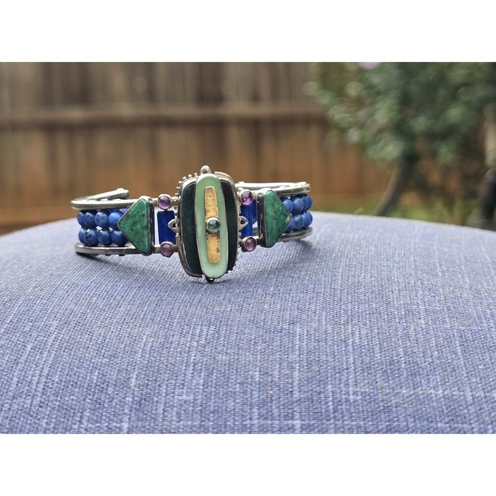 Michael Boyd Artisan Mosaic Cuff Bracelet 18K 22K Gold Sterling Lapis Chrysopras - Picture 4 of 8